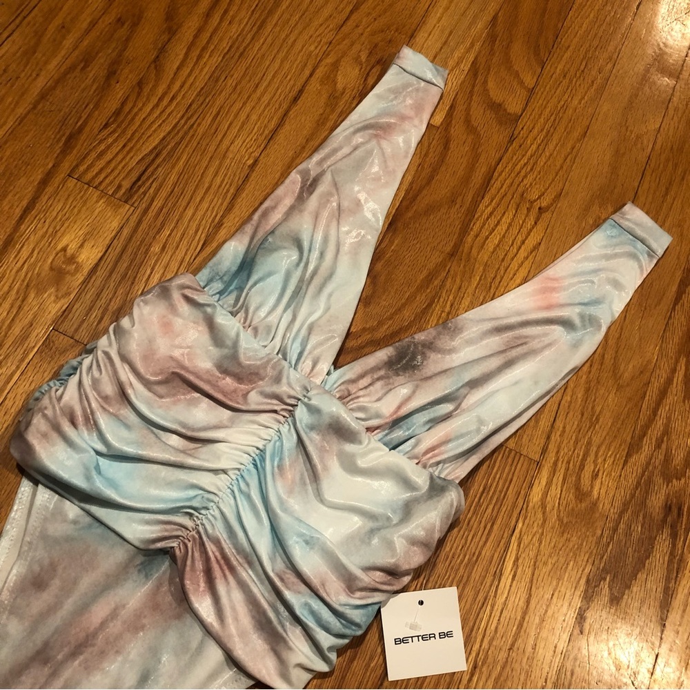 2 For $30 NWT Pastel Tie Dye Wet Look Ruched Iridescent Plunging Bodysuit - Picture 3 of 14